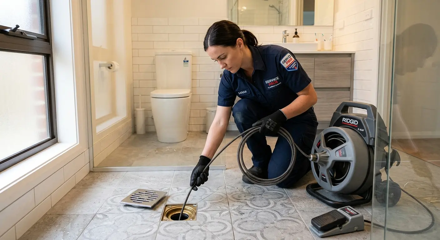 Technician clearing a bathroom floor drain for Drain Cleaning in Buena Vista